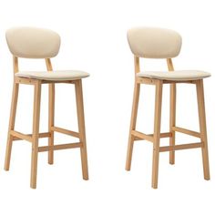 two wooden stools with white upholstered seat covers on each one and the other side