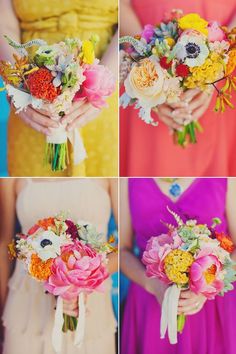 four pictures of different bouquets with flowers in each one, and the same color