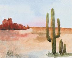 watercolor painting of desert scene with cactus in foreground