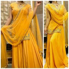 Yellow sharara pan TV with short kurti has beautiful gold traditional zardozi and zari work with touch of sequins and beads over the key hole neck, hem line and sleeves. It has small motifs all over front . Kindly 📝Note You have two options to purchase regarding dupatta and both has different price. ✨ Lace Dupatta: In this you will get same dupatta with lace border. ✨Embroidered dupatta will be same as in the listing. ✨ You can wear this beautiful dress in any of your festival. And also perfect Floor-length Gold Palazzo Set With Dupatta, Gold Georgette Sharara With Dabka Work, Gold Semi-stitched Floor-length Palazzo Set, Semi-stitched Chinon Sharara For Navratri, Diwali Chinon Sharara With Dabka Work, Floor-length Gold Palazzo Set With Dabka Work, Gold Floor-length Chanderi Sharara, Gold Sharara With Mirror Work In Georgette, Gold Anarkali Sharara For Diwali