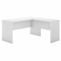 the corner desk is white and has two sections for each section to sit down on