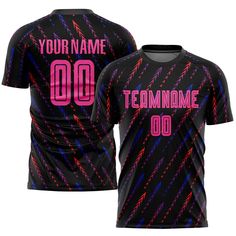 a black shirt with pink and blue lines on it that says your name, 00