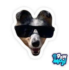 a dog with sunglasses on it's head and tongue sticking out from behind the sticker