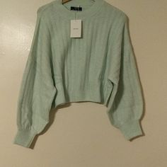 Bershka Mint Green Medium Sweater Cropped Length Puffed Sleeves Oversized Green Cropped Sweater For Spring, Red Pullover Sweater, White Long Sleeve Sweater, Mock Turtleneck Sweater, Sweater Cropped, Red Pullover, Sweater Crop, High Neck Sweater, Off Shoulder Sweater