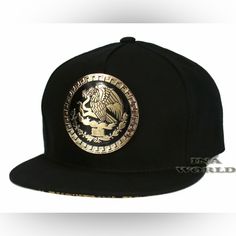 Mexico Hat Metallic Gold Federal Logo Snapback Flat Bill Baseball Cap-Black/Gold Casual Gold Snapback Hat, Gold Snapback Baseball Cap For Streetwear, Gold Baseball Cap For Streetwear, Gold Casual Baseball Cap For Streetwear, Gold Snapback Hat For Streetwear, Casual Gold Snapback Hat With Flat Brim, Gold Flat Bill Hat For Streetwear, Gold Snapback Hat With Flat Brim For Streetwear, Casual Gold Flat Brim Baseball Cap