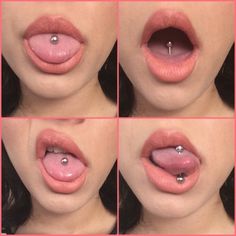 four pictures of a woman's tongue with piercings on it, including the top part of her mouth