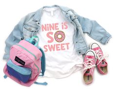 Nine is so sweet! You can also visit our store for more first day of school t-shirts and gifts: https://www.etsy.com/shop/zjthreads Have a custom request? Just ask! Orders have been in hand about 7-10 days from the order date. Delivery dates are not guaranteed, so please order early! Please contact us if you have any questions about ordering or would like express shipping on your items. We use direct-to-garment printing for our printing process. This results in a slightly vintage, distressed pri Ninth Birthday, Donut Shirt, Birthday Donuts, Tenth Birthday, Donut Birthday Parties, Sweet T, 11th Birthday, Funny Outfits, Latest T Shirt