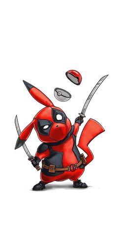 a red and black cartoon character with two swords