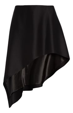 Literally all about the cut, this satin skirt is utterly undetailed, letting the asymmetry do the styling and the fluid drape sing with every step. 12" to 33" length (size Medium) Hidden back-zip closure Lined 87% triacetate, 13% polyethylene Dry clean Made in the USA Designer Clothing Asian & Pacific Islander Owned/Founded Chic Asymmetrical Hem Skirt For Formal Occasions, Chic Formal Skirt With Asymmetrical Hem, Elegant Draped Skirt With Asymmetrical Hem, Formal Asymmetrical Wrap Skirt, Black Draped Skirt With Asymmetrical Hem For Formal Occasions, Asymmetrical Silk Evening Skirt, Elegant Asymmetrical Wrap Skirt For Formal Occasions, Asymmetrical Black Skirt For Evening, Black Asymmetrical Skirt For Evening