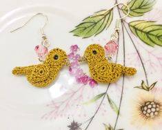 A pair of cute golden bird earrings with pink Swarovski Crystals, and crochet with lace cotton threads.  These handmade earrings dangle are lightweight and comfortable to wear on any casual events, and also great gift ideas for birthday and Mothers day or for birds lovers. We offer two different materials of the earrings :925 sterling silver and Nickel free steel. If you have sensitive skin, you  might consider sterling silver earrings. Please Note both earrings come with different prices. The m Dangle Earrings With Bird Design For Gift, Whimsical Bird Design Earrings For Gift, Handmade Bird-shaped Jewelry For Gifts, Sterling Silver Earrings Handmade, Silver Bird-shaped Earrings Gift, Light Weight Jewelry, Pink Swarovski, Bird Earrings, Handmade Earrings