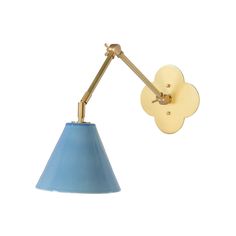 a wall light with a blue shade on it