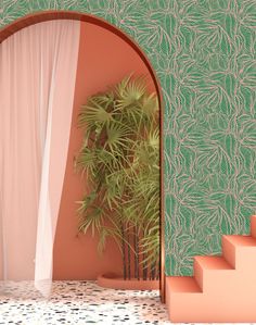 an arch leading to a plant in front of a wallpapered room with pink and green walls