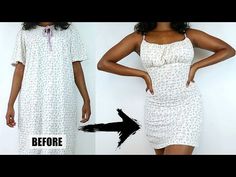 the before and after photo shows how to wear a dress with no sleeves or buttons