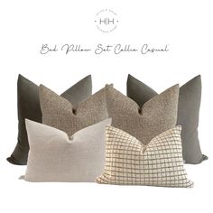 four pillows with different colors and patterns on them, one is grey the other is beige