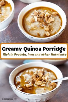 creamy quinoa porridge with almonds in white bowls