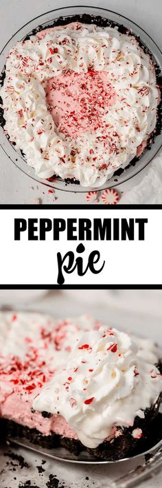 peppermint pie with whipped cream on top and chocolate crust in the bottom, topped with sprinkles