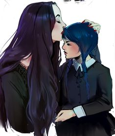 two women with long black hair are facing each other and one is kissing the other