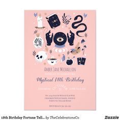 a pink birthday party card with an image of various items on the front and back