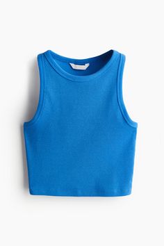 Fitted  crop tank top in ribbed cotton jersey with narrow trim at neckline and armholes. Tight Tank Top, Hollister Tank Tops, Preppy Tops, Cute Tank Tops, High Neck Tank, Cute Crop Tops, School Clothes, Summer Tank Tops, Blue Tank Top