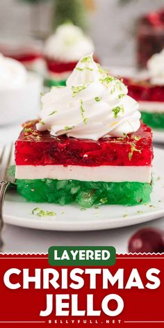 Make Ahead Layered Christmas Jello Recipe is definitely a dessert to prepare a day in advance, which is perfect at holiday time! This recipe features a layer of green lime jello, creamy white gelatin, and red cherry jello, each including a delicious mix-in to make it extra delicious. Save this holiday dessert for later! Vintage Jello Recipes, Christmas Ribbon Jello Recipe, Mexican Jello Recipe, Jello Recipes Christmas, Cherry Jello Recipes, Rainbow Jello Recipe, No Bake Christmas Desserts, Layered Jello Recipe