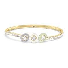 Worn alone or with your other favorites, this ceramic bangle adds an artistic twist. It features a wave of pavé-set round diamonds tracing half of the rigid bracelet's circumference. Three ceramic bezels holding oval, emerald-cut, and pear diamonds add a stylish pop of color. Luxury Oval Diamond Bangle, Luxury Oval Bangle With Diamond Accents, Elegant Multi-stone Diamond Bangle, Luxury Multi-stone Diamond Bangle Bracelet, Gold-colored Sterling Silver Diamond Bangle Bracelet, Pear Diamond, Custom Engagement Ring, Custom Rings, Round Diamonds