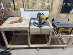 two work benches with tools on them in a shop