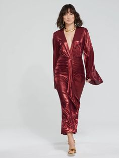 DORIAN DRESS – Caroline Constas Long Sleeve Shimmer Dress For Date Night, Glamorous Festive Midi Dress, Glamorous Ruched Midi Party Dress, Glamorous Ruched Midi Dress For Date Night, Glamorous Ruched Midi Dress For Party, Glamorous Ruched Midi Dress For Dinner, Evening Shimmer Dresses For Fall, Ruched Midi Dress For Dinner Parties, Chic Metallic Midi Dress For Party