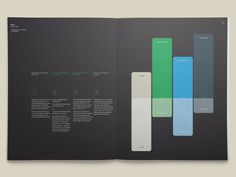 an open brochure with different colors and shapes on the front, back and sides