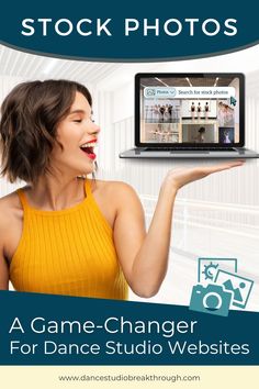 a woman holding up a laptop computer with the words stock photos on it and an image of