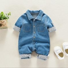 Trendy Denim Baby Romper Cute Blue Jeans For Playtime, Spring Playtime Denim Blue Jeans, Blue Jeans For Summer Playtime, Spring Playtime Blue Jeans, Denim Blue Jeans For Summer Playtime, Summer Jeans For Playtime, Denim Bodysuit, Boys Designer Clothes, Denim Pants Fashion