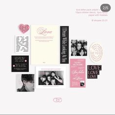 the wedding stationery is displayed with pink and black photos, hearts, and love notes