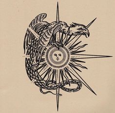 a drawing of an eagle with a sun in the center and two snakes around it