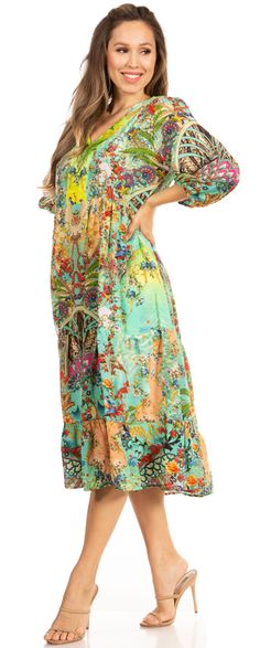 Sakkas Women's Casual Boho Floral Print V-Neck Swing Long Sleeve Dress Midi Product Description S/M: Bust 42" (107 cm), Length 44" (112 cm). US 0-14, EU 30-44, UK 4-18. L/XL: Bust 46" (117 cm), Length 46" (117 cm). US 0-18W, EU 30-48, UK 4-22. 3/4 sleeves, pullover Summer, travel, event, wedding, work. Colorful and easy to wear 100% Polyester Follow care instructions to have this lovely garment last you and preserve colors. Gentle cycle or Hand wash cold. Hang dry. Do not bleach. MANY WAYS TO ST Long Sleeve Dress Midi, Floral Dresses With Sleeves, Ruffles Fashion, Embroidered Caps, V Neck Midi Dress, Dress With Long Sleeves, Leggings Sale, Caftan Dress, Pashmina Shawl