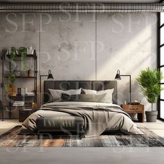 a bedroom with a bed, nightstands and plants on the wall in front of it