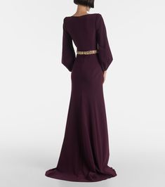 Layla crystal-embellished crêpe gown in purple - Jenny Packham | Mytheresa Crepe Maxi Dress For Gala, Crepe Maxi Dress For Wedding, Chic Crepe Wedding Dress, Chic Crepe Maxi Dress For Wedding, Chic Crepe Wedding Maxi Dress, Chic Wedding Crepe Maxi Dress, Fitted Crepe Floor-length Dress, Fitted Floor-length Crepe Dress, Crepe Maxi Dress For Cocktail Occasions