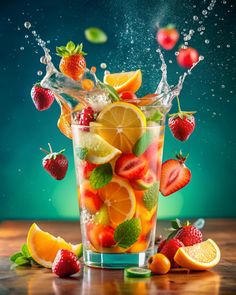 a glass filled with fruit and water on top of a table