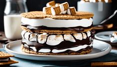 a close up of a cake on a plate with crackers and milk in the background