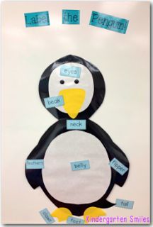 a penguin bulletin board with words on it