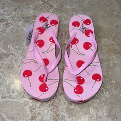 New Sole Mates Heeled (About 1 1/2”) / Platform Flip Flops Sandals Cherry Designs Size 9 Pink Red Green Pink Eva Slip-on Flip Flops, Pink Eva Sandals For Beach Season, Casual Flip Flops, Pink Flat Heel Flip Flops For Summer, Pink Eva Open Toe Flip Flops, Cute Eva Flip Flops For Summer, Pink Synthetic Flat Heel Flip Flops, Pink Eva Flip Flops With Round Toe, Pink Platform Flip Flops For Summer