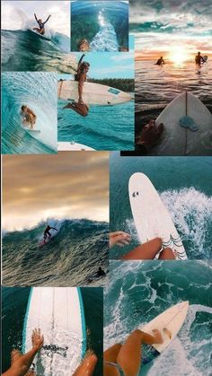 multiple pictures of people surfing in the ocean