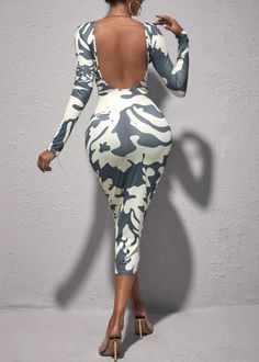 Capture everyone's attention in this graphic print backless bodycon dress. Crafted with a luxurious green hue and long sleeves, the midi dress is sure to turn heads with its eye-catching design. Perfect for any occasion, you can rest assured you'll dazzle all night. Fabric: Slight Stretch Fit Type: Slim Fit Composition: 95% Polyester, 5% Elastane Spring Backless Bodycon Midi Dress, Spring Bodycon Backless Midi Dress, Trendy Long Sleeve Midi Dress For Club, Long Sleeve Dresses With Abstract Print For Party, Spring Midi-length Bodycon Backless Dress, Spring Bodycon Midi Backless Dress, Long Sleeve Bodycon Backless Dress For Club, Bodycon Long Sleeve Backless Dress For Club, Backless Bodycon Dress With Long Sleeves For Club