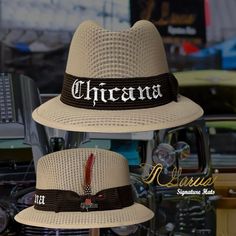 Handmade with the highest quality materials of 100% cotton string Non- Crushable Style: Classic Lowrider Derby Color: Mocha Hat Band: Brown Embroidery: Chicana Embroidery Font: Old English Feathers: Matching to hat color scheme Brand: Garcia Signature Hats All sales are final  WWW.GARCIASIGNATUREHATS.COM Social Media  Facebook @garciasignaturehats Instagram @garciasignaturehats Embroidered Adjustable Fedora With Short Brim, Embroidered Fedora With Adjustable Short Brim, Adjustable Embroidered Straw Hat With Short Brim, Brown Embroidery, Cotton String, Embroidery Fonts, Lowrider, Hat Band, Old English