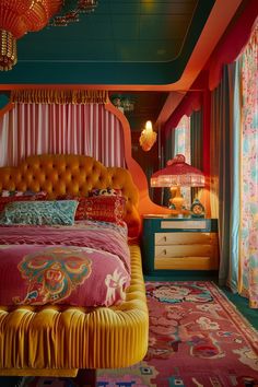 a colorful bedroom with an upholstered bed and chandelier