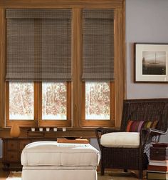 a living room filled with furniture and two windows covered in roman blind shades on top of them