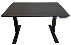 a computer desk with a black top and two legs on each side, in front of a white background