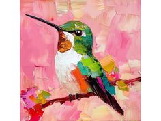 a painting of a hummingbird sitting on a branch in front of pink and yellow background