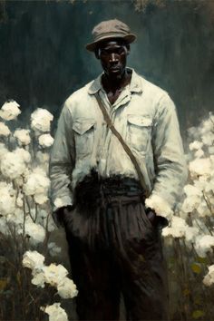 a painting of a man standing in front of white flowers with his hands on his hips