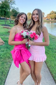 Straps Pink Ruched Tiered Sheath Short Dress – PollyBoutique Cute Dance Dresses, Hot Pink Hoco Dress, Cute Dresses For Dances, Pink Hoco Dress, Short Tulle Dress, Homecoming Poses, Tulle Dress Short, Dance Picture Poses, Cute Formal Dresses