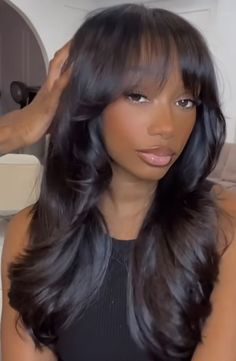 Bangs Sew In Black Women, Layered Sew In Weave With Bangs, Veneers Before And After Black Women, Fringe Bangs With Layers Black Women, Wigs With Curtain Bangs For Black Women, Body Wave Sew In With Bangs, Layered Black Wig, Bangs And Layers Black Women, Blowout With Bangs Black Women