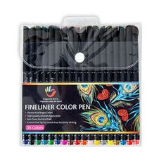 the fineliner color pencils are packaged in a plastic bag and have colorful feathers on them